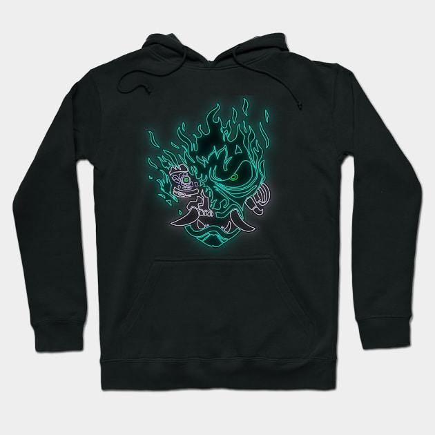 Green Neon Fire Samurai Skull Hoodie by Cyserrex